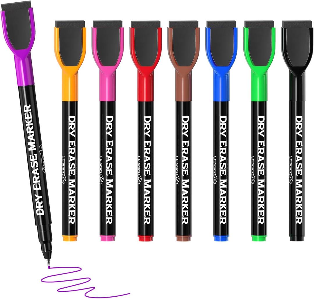 MaxGear Dry Erase Markers Ultra Fine Tip, Assorted Color Magnetic Dry Erase Markers with Eraser, 0.5 mm Ultra Fine Point Whiteboard Markers for Dry Erase Board, 8 Count