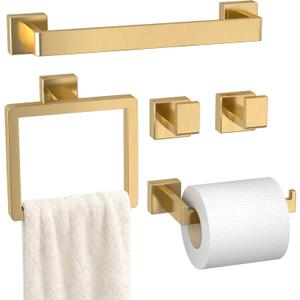 Bathroom Accessory Towel Bar Set: 5 Pieces Gold Bathroom Hardware Square SUS304 Stainless Steel - Wall Mounted Towel Rack & Toilet Paper Holder & Towel Ring and Towel Hook