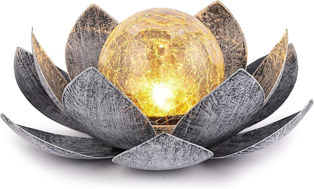 Huaxu Solar Lights Outdoor Garden, Crackle Globe Glass Lotus Decor, Waterproof LED Metal Flower Decorations for Patio,Lawn,Walkway,Tabletop,Ground (Back and White Retro)