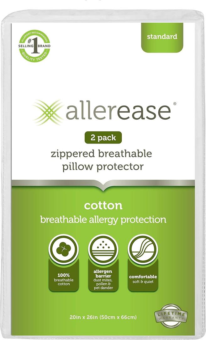 AllerEase 100% Breathable Cotton Pillow Protector for Sleeping, Standard 26" x 20" - 2 Pack