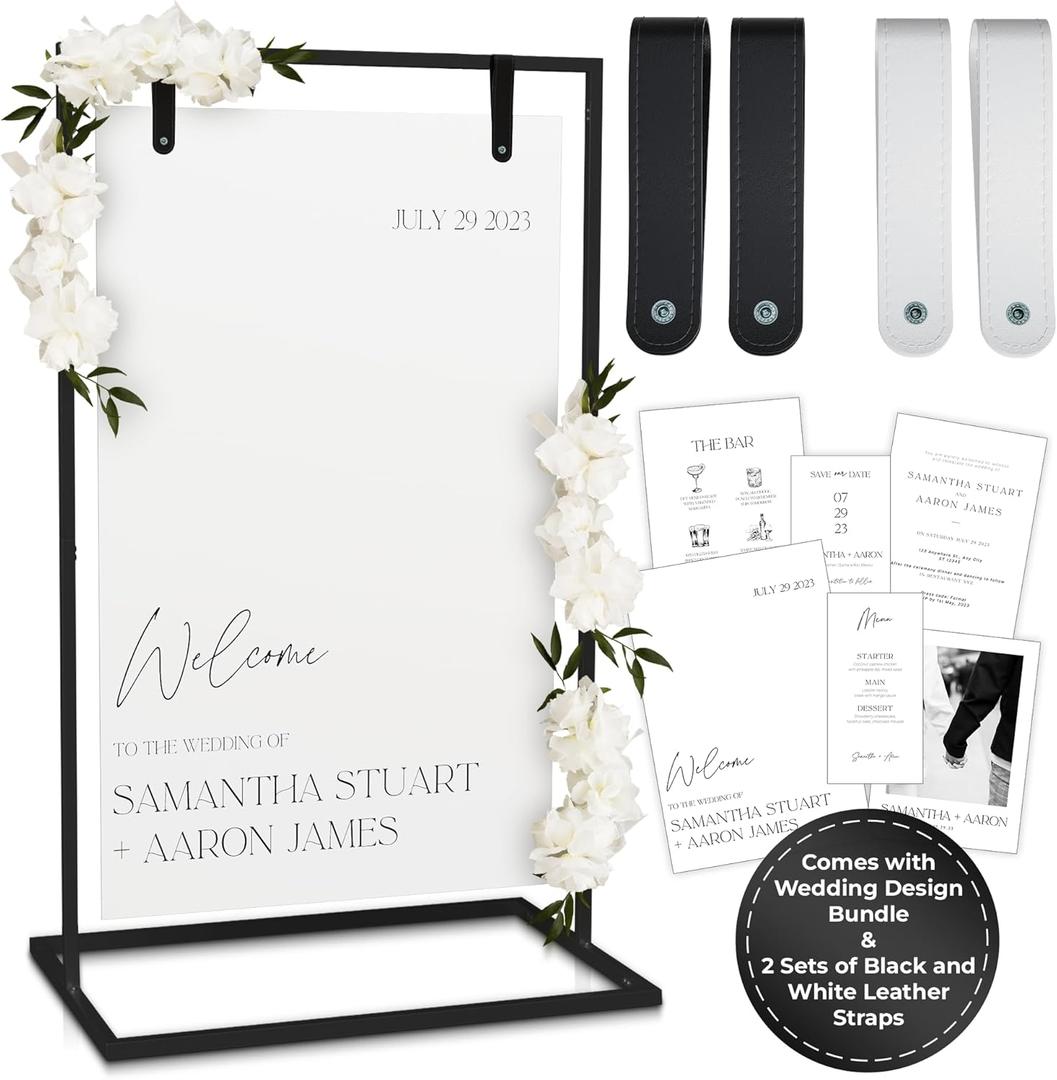 Black Wedding Easel Stand for Sign Board, 50x30x20 Welcome To Our Wedding Sign Display Stand w/ Design Bundle & Leather Straps for Hanging, Matte Steel Frame, Heavy Duty Easel Stand Welcome Sign Wedding Decoration