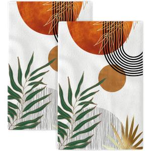 Mid Century Dish Towels 16x24 inches Pack of 2, Boho Modern Abstract Orange Gold Sunset Kitchen Towels, Hand Towels, Bohemian Style Tropical Leaf Bathroom Decor for Home Decor