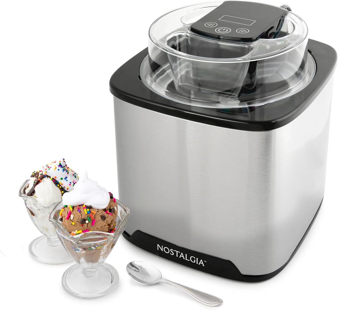 Nostalgia 2-Quart Electric Ice Cream Maker  Make Homemade Ice Cream, Gelato, Sorbet & Frozen Yogurt  No Salt/Ice Needed, Digital Controls, Mix-In Chute & Freezing Gel Canister  Stainless Steel Nostalgia 2-Quart Electric Ice Cream Maker  Make Homemade Ice Cream, Gelato, Sorbet & Frozen Yogurt  No Salt/Ice Needed, Digital Controls, Mix-In Chute & Freezing Gel Canister  Stainless Steel