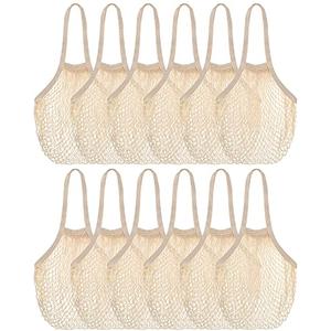 Eccliy 12 Pieces Reusable Cotton Mesh Grocery Bag Farmers Bags Net Shopping Beach Organizer Bulk Aesthetic Portable Tote with Handles for Fruit Vegetable(Beige)