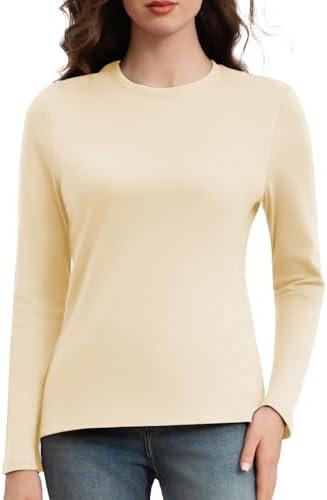 Cotton Long Sleeve Shirts for Women Crew Neck Tee Tshirts Casual Plain Basic Fall Tops Loose Fit (Beige, Medium)