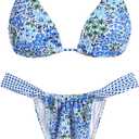 ZAFUL Women's 2 Piece Sexy Thong Triangle Bikini Sets Floral Print Swimsuit 2026 Summer Beach Grid Swim Cheeky Bathing Suit (Blue, L)
