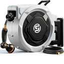 SUNPOW Retractable Garden Hose Reel - 5/8in x 100ft Heavy Duty Wall Mounted Hose Reel with 3/4in Brass Fitting & 10 Function Nozzle - Any Length Lock, Auto Rewind System, 180Swivel Bracket - Gray