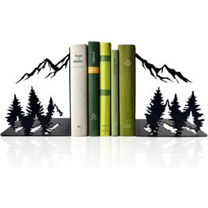 Matte Black Iron Heavy Duty Bookends - Laser-Engraved Mountain Design, Decorative Shelf Stoppers for Books, Space-Saving Desk Organizer (Modern, Rustic, Vintage Style)