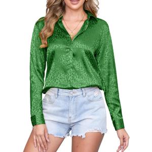 CUNLIN Womens Soft Satin Silk Leopard Button Down Shirts for Women Silky Long Sleeve Work Shirt Dress Blouses Tops, Size: Large