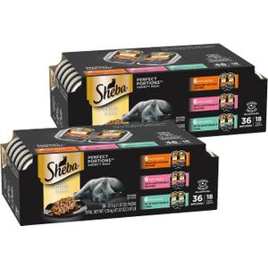 Sheba Perfect Portions Wet Cat Food Cuts in Gravy, Roasted Chicken Entree, with Sustainable Salmon, and with Sustainable Tuna, 2.6 oz. Twin-Pack Trays (18 Count, 36 Servings) (Pack of 2) (EXP 09/01/27)