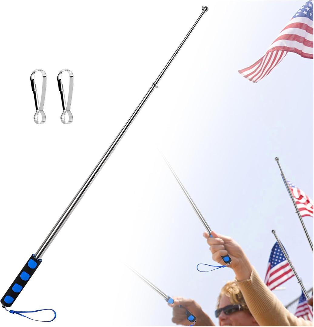 Telescopic Handheld Flagpoles with Clips 6'7" Portable Stainless Flag Pole Extendable Flag Stick Guiding Flag Pole with Anti-Slip Grip Blue
