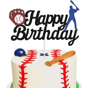 Baseball Theme Cake Topper - Happy Birthday Cake Topper for Birthday/Baseball/Sports Party Theme Decoration (Black Glitter)