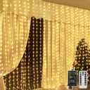 Ollny Curtain Lights 600LED 19.7ft x 9.8ft, IP67 Waterproof Outdoor Curtain Rice Lights with Remote, Plug-in Untangle Rice Curtain Light with 8 Modes 3 Timers for Wall Backdrop Decor(Warm White)