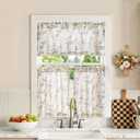 jinchan Floral Kitchen Curtains Set 24 Inch Length Farmhouse Linen Cafe Curtains and Valance Set for Living Room Bathroom Small Window Treatments Rod Pocket 3 Panels Blue on Linen