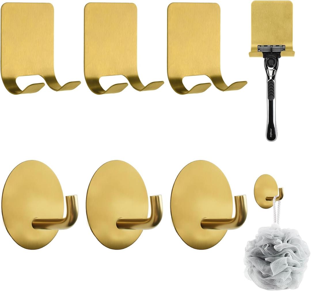 MOROBOR 4 Pack Adhesive Razor Holder and 4 Pack Utility Wall Hook, Gold Shaver Holders Towel Hook Stainless Steel Waterproof Storage Hanger for Towels Bath Accessories for Kitchen & Bathroom