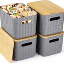 4 Packs Storage Bins with Bamboo Lids - Plastic Storage Containers with Lids Stackable Storage BoxStorage Baskets for Organizing Desktop Closet Playroom Classroom Office,Gray