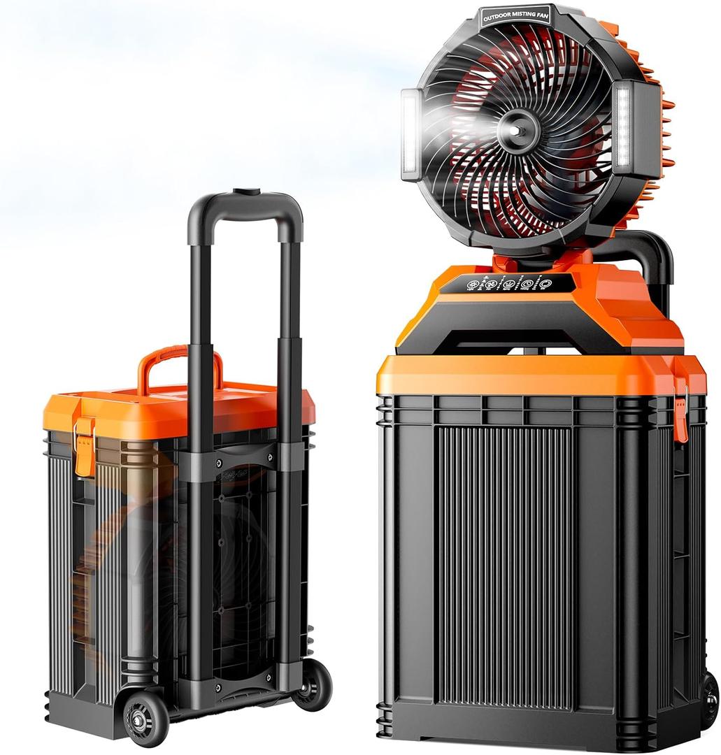 40000mAh Portable Misting Fan, 62H Max Runtime Rechargeable Mister Fan with 15L Bucket, Retractable Handle, Wide-Angle Oscillating Mist Fan for Outside Patios Golf Sports Camping Essentials, X Large