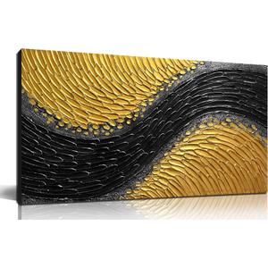 Abstract Painting Wall Art for Living Room Black and Gold Wall Art for Office 3D Textured Canvas Wall Decor for Bedroom Size 20 x 40 Inch