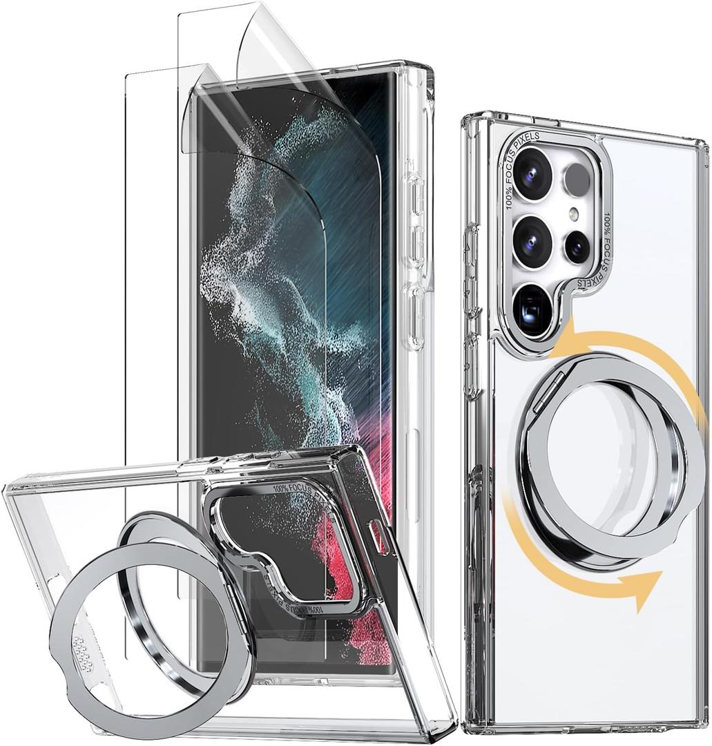 for Samsung Galaxy S23 Ultra/S22 Ultra Case Clear, with 2 Screen Protectors, 360 Spin Magnetic Stand, Compatible with Magsafe, Slim Phone Case
