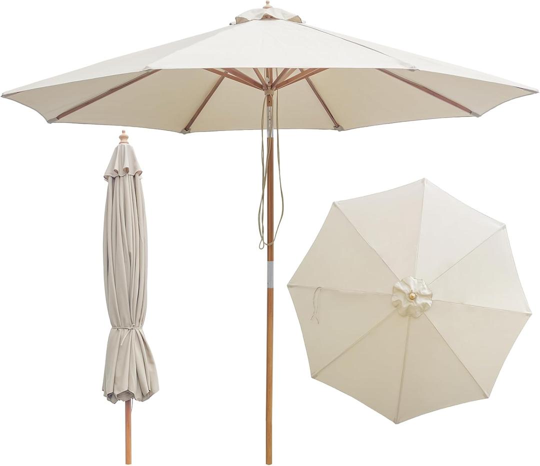 9FT/10FT Bamboo Patio Umbrella, Large Outdoor Umbrella with UPF 50+ Sun Protection, Rope Pulley Lift & Push-Button Tilt, 8-Rib Ventilated Canopy for Garden, Deck, Backyard & Outdoor Dining