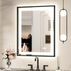Keonjinn Black LED Mirror for Bathroom 24 x 30 Inch, Frontlit & Backlit Bathroom Vanity Mirror with Lights, HD Tempered Glass, UL Listed LED Driver, Beveled Framed, 3 Color Lights, Anit-Fog, Dimmable