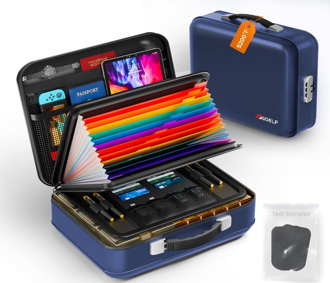 Fireproof Document Box with Lock, 5200F Fireproof Water Resistant Hard Case File Organizer Safe Box for Important Documents, Certificates, Laptop, Passports (Blue)