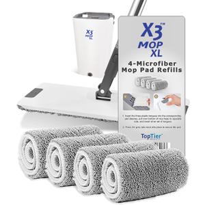 X3 Mop XL Replacement Microfiber Cleaning Pads, 4 Pack of Reusable Flat Mop Heads. (Pads fit X3 Mop XL Only)