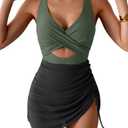 B2prity Women Mesh One Piece Swimdress Swimsuit Tummy Control V Neck Cutout Bathing Suit Wrap Drawstring Sarong Swimwear Army Green,Black L