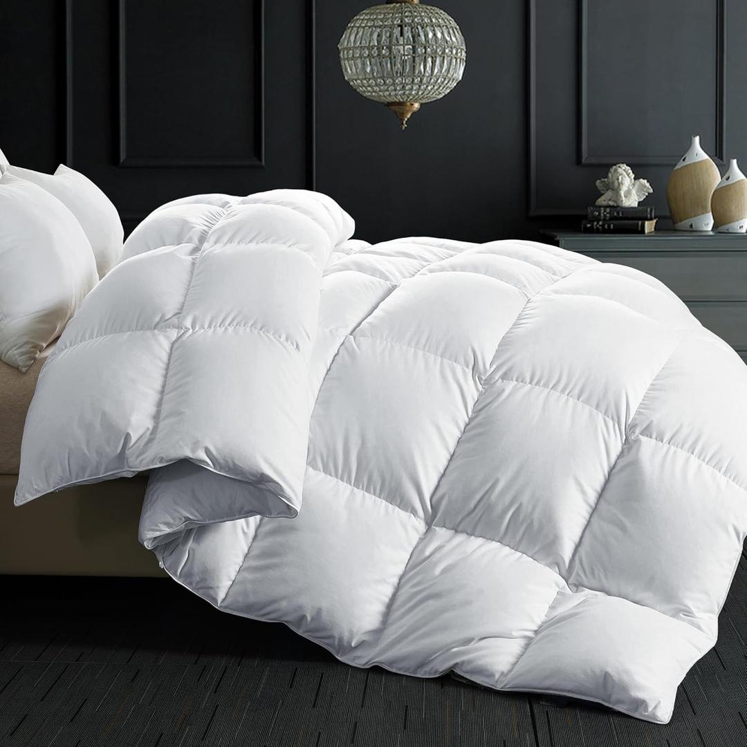 ELNIDO QUEEN Feather Down Fiber Comforter Queen Size - All Season White Fluffy Duvet Insert - Luxurious Hotel Bedding Comforter with Corner Tabs - Ultra Soft 100% Cotton Cover, 90x90 Inch
