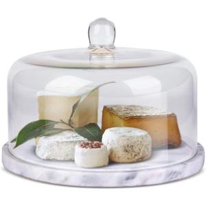 Flexzion Marble Cake Stand with Lid Round Glass Cover Glass Dome Cake Saver Cheese Holder Serving Platter Stone Cake Stand Cutting Board Slab Set for Kitchen Dining Bakery Pastries Display, 11 Inches