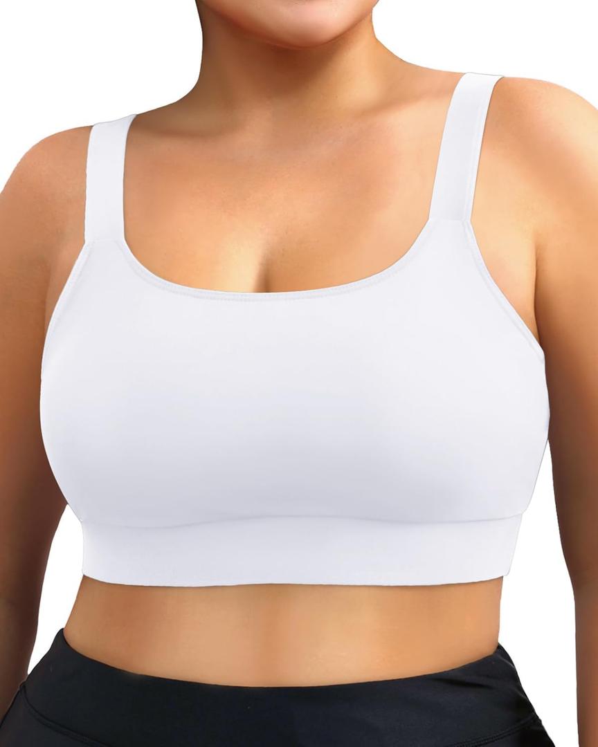 Daci Women Plus Size Sports Bra Bikini Top Only Push Up Scoop Neck Swim Top Full Coverage Bathing Suit for Large Bust (White)