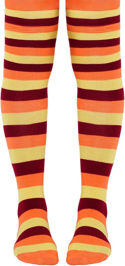 Striped Thigh High Socks, Halloween Witch Stockings Costume Accessories for Women, Over Knee High Socks Leg Warmers (Orange Yellow Red Stripes)