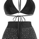 Women Sparkle Rhinestone Mesh Sheer Bikini Sets Halter Bra Top High Waist Shorts Bottom Swimsuits Rave Outfit (Black, M)