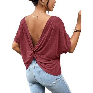 Women's Backless Twist Knot T Shirt Oversized Solid Short Sleeve Tees Open Back Asymmetrical Hem Casual Tops (Burgundy) S 