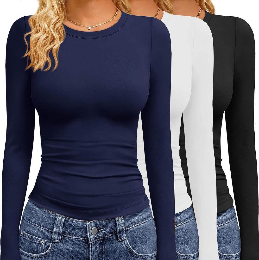 GAYHAY 3 Pack Long Sleeve Shirts for Women Basic Tops Crew Neck Fitted Tight Workout Tees Y2K Clothes Going Out Fashion 2025 Black White Navy, XS