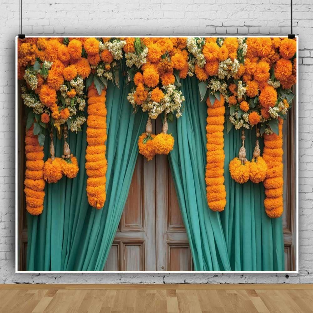 Indian Backdrop 10x8ft Traditional Pooja Backdrops for Photography Yellow Flowers Blue Curtain Wooden Door for Ganpati Mehndi Diwali Background Festival Wedding Birthday Party Decorations