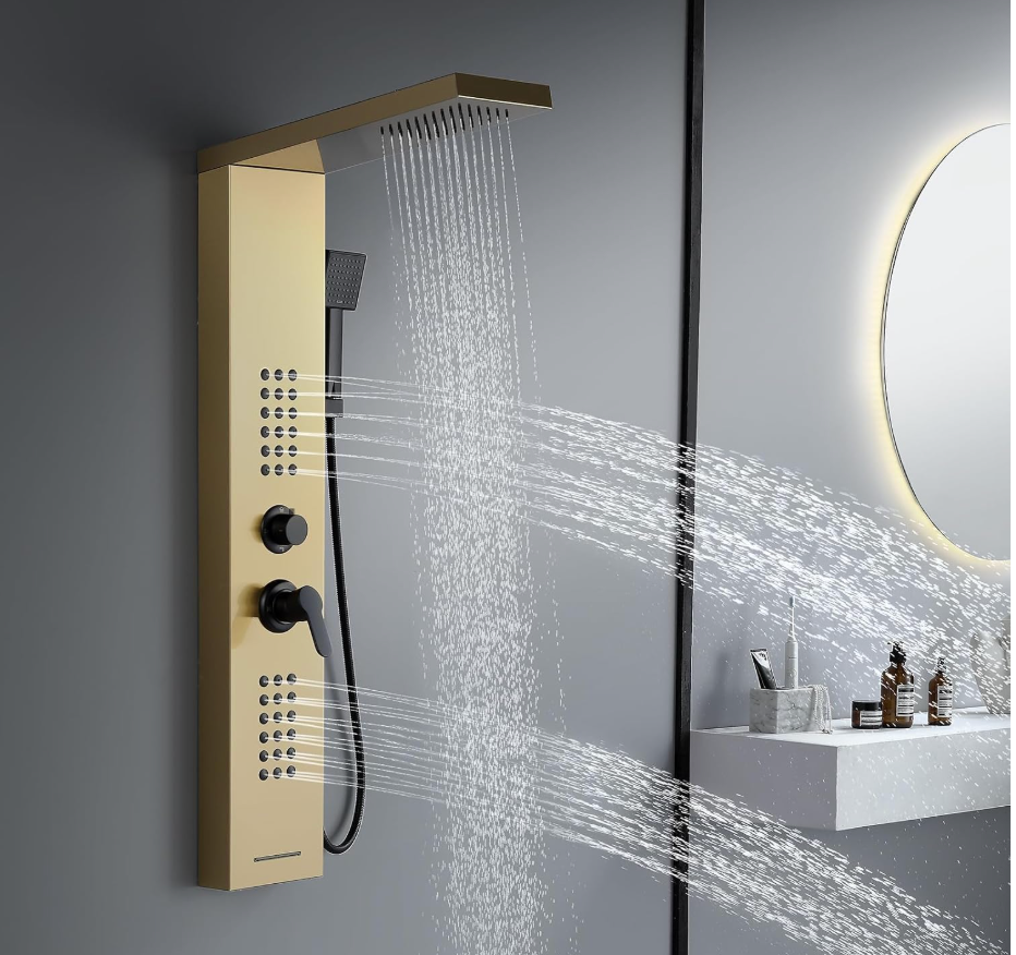 4 in 1 Rainfall Shower Panel Tower with Powerful Body Jets, Gold