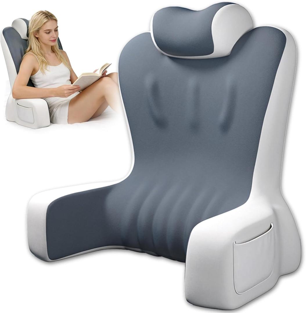Reading Pillow- Memory Foam Back Pillow for Bed Sitting Up, Ergonomic Lumbar Support Cushion with Arms for Reclining, Gaming, Working, Resting, Watching TV (Grey), Standard