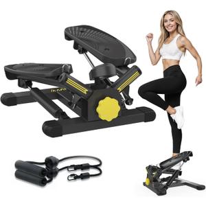 Stepper Machine with Resistance Bands, Mini Stepper with 300LBS Weight Capacity, Twist Stepper for Full Body Workout, Adjustable Step Height, Smooth and Quiet, Step Machine for Men, Women