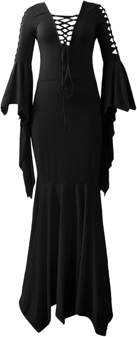 Halloween Sexy Wrap Hip Flare Sleeve Tie V Neck Dress Women's Vintage Costume
Medium Black