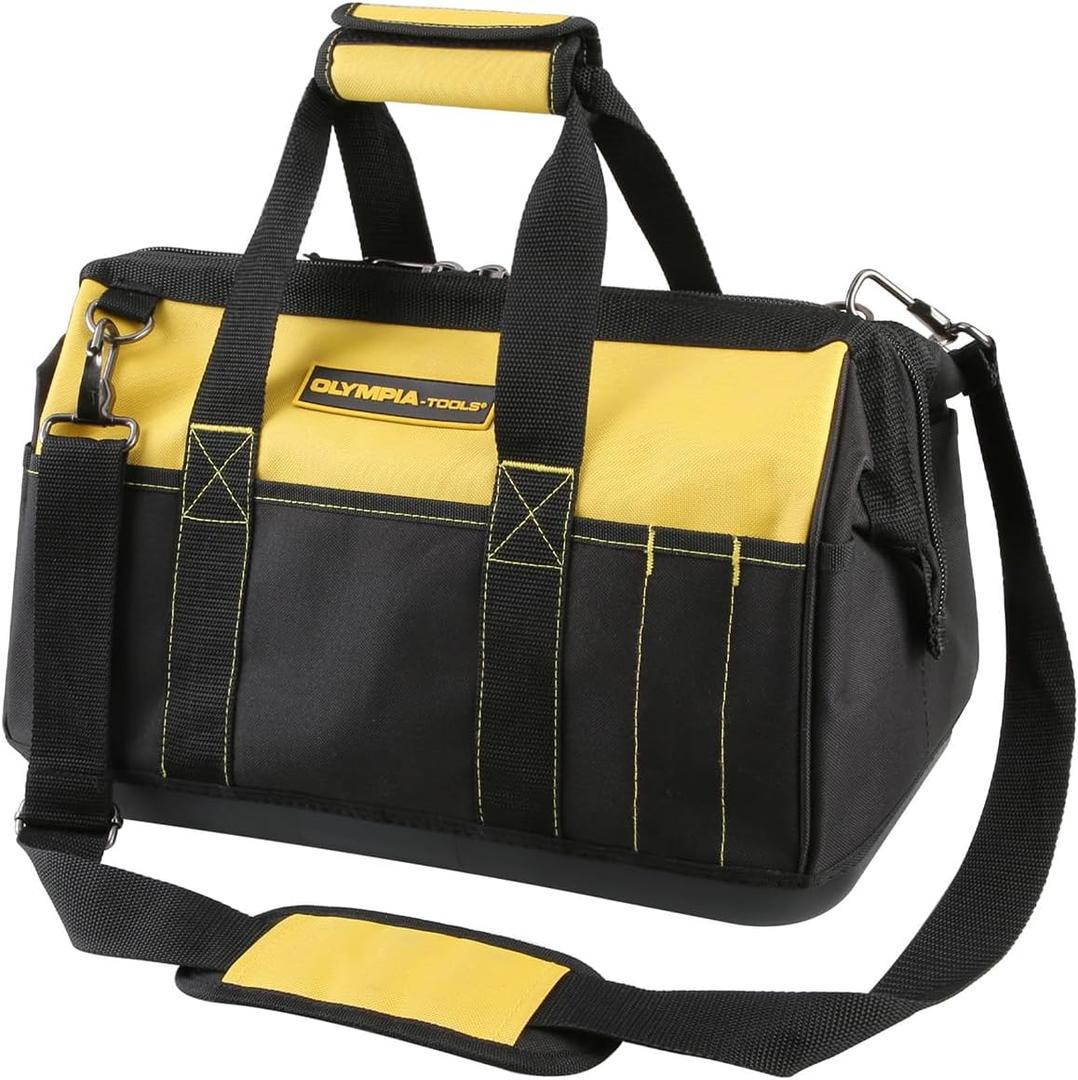 Olympia Tools 16 Inch Wide Mouth Tool Bag, Tool Tote with Water Proof Molded Base, Tool Bags for men with 21 Pockets and 7 Belt Loops, Padded Handle, Adjustable Shoulder Strap