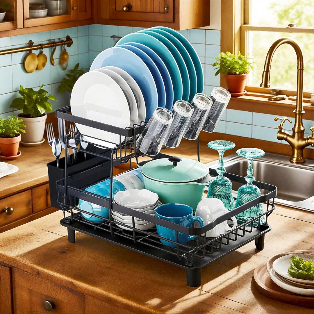 MOUKABAL Dish Drying Rack, 2 Tier Dish Rack, Large Dish Racks for Kitchen Counter, Dish Drainer with Removable Utensil Holder, Drainboard (Black)