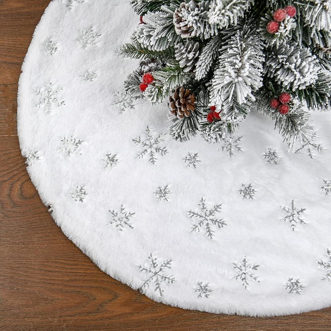Faux Fur Christmas Tree Skirt,36 inches Luxury Tree Skirt with Sliver Snowflake Sequin, Christmas Decorations Holiday Thick Plush Tree Xmas OrnamentsWhite and Silver,36 Inch