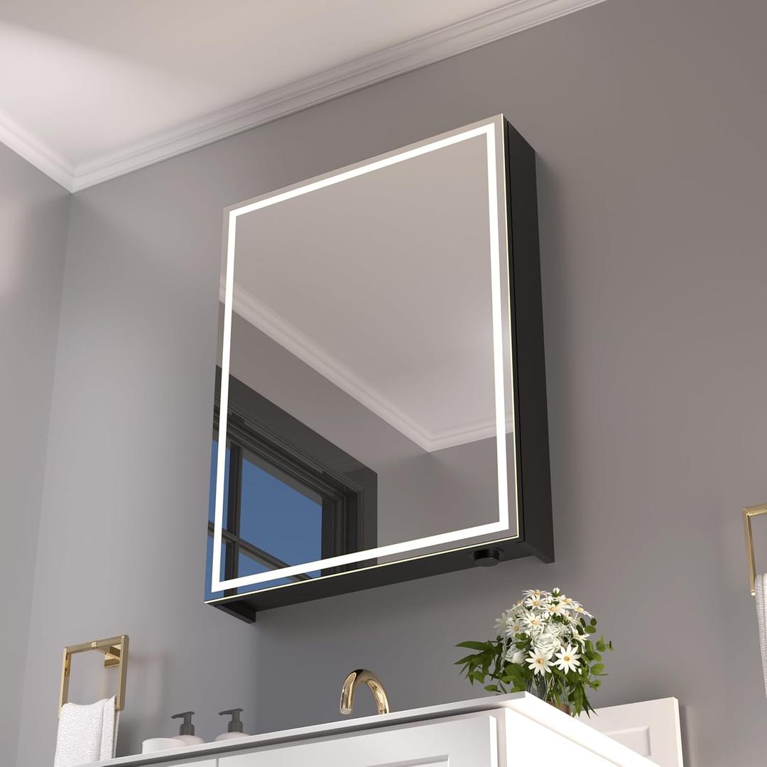 32x24 inch LED Lighted Medicine Cabinet with Mirror, Moisture-Resistant Wood, Stepless Dimmable, 3000K/5500K, Defogger, Adjustable Shelf, Flat-Pack Design  Assembly Required, Black (W24 X H32 Rectangle)