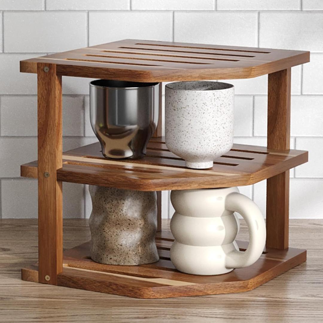 VERTORGAN 3 Tier Acacia Wood Corner Shelf,Dish Drying Rack,Plate Organizer,Kitchen Spice Rack for Countertop and Cabinet,Pantry Organization and Storage (1 Pc, Brown)