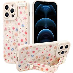 Case for iPhone 12 Pro Silicone Phone Case with Strap for Women Girls Cute Floral Flowers Pattern, Adjustable Soft Finger Strap Kickstand Protective Cover, Floral