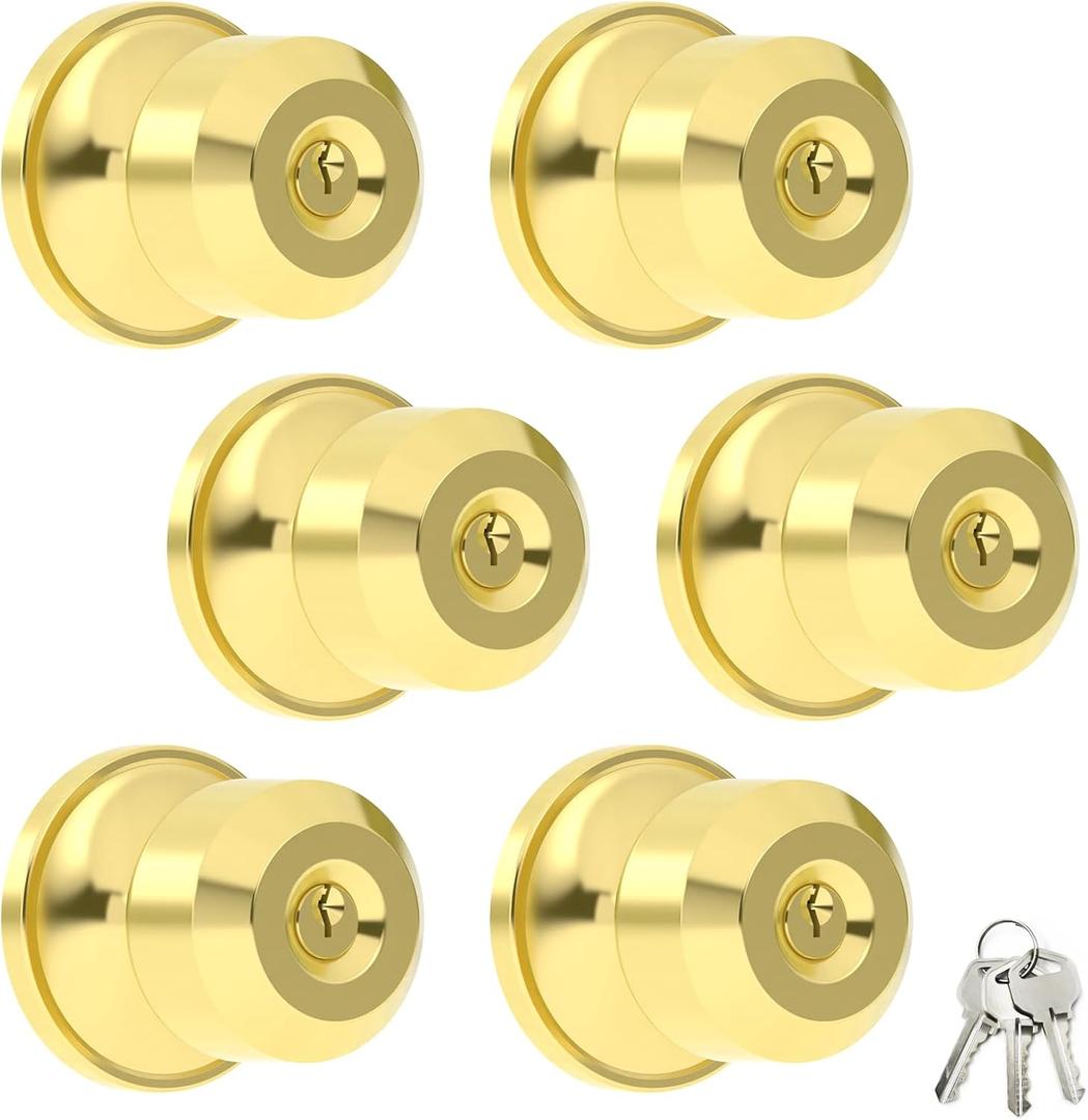 6 Pack Entry Gold Door Knob with Lock, Gold Door Handles Interior for Bedroom or Bathroom, Heavy Duty Door Knob with Door Handles for Left Right Sided Doors