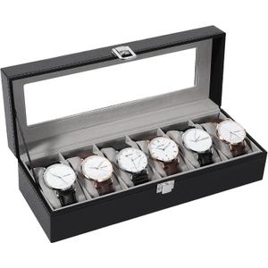 Uten Watch Boxes 6 Slots, Watch Display Storage Box PU Jewelry Collection Case Organiser Holder (Black + Grey)