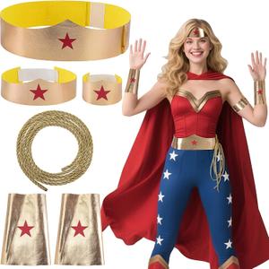 5 Pcs/Set Woman of Wonder Star Costume Accessories, Halloween Wonder Cosplay Accessory, Woman of Hero Gold Tiara Cuffs Armband Belt Lasso Set for Adults Role Play Halloween Party
