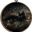 laveliabel Black Cat Wildflower Round Canvas Art Wall Decor, Dark Academia Cat Framed Canvas Prints, Moody Gothic Farmhouse Round Hanging Wall Decor for Home Bedroom Gallery, 10x10 Inches